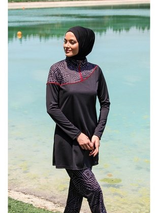 A black full-coverage modest swimsuit displayed flat