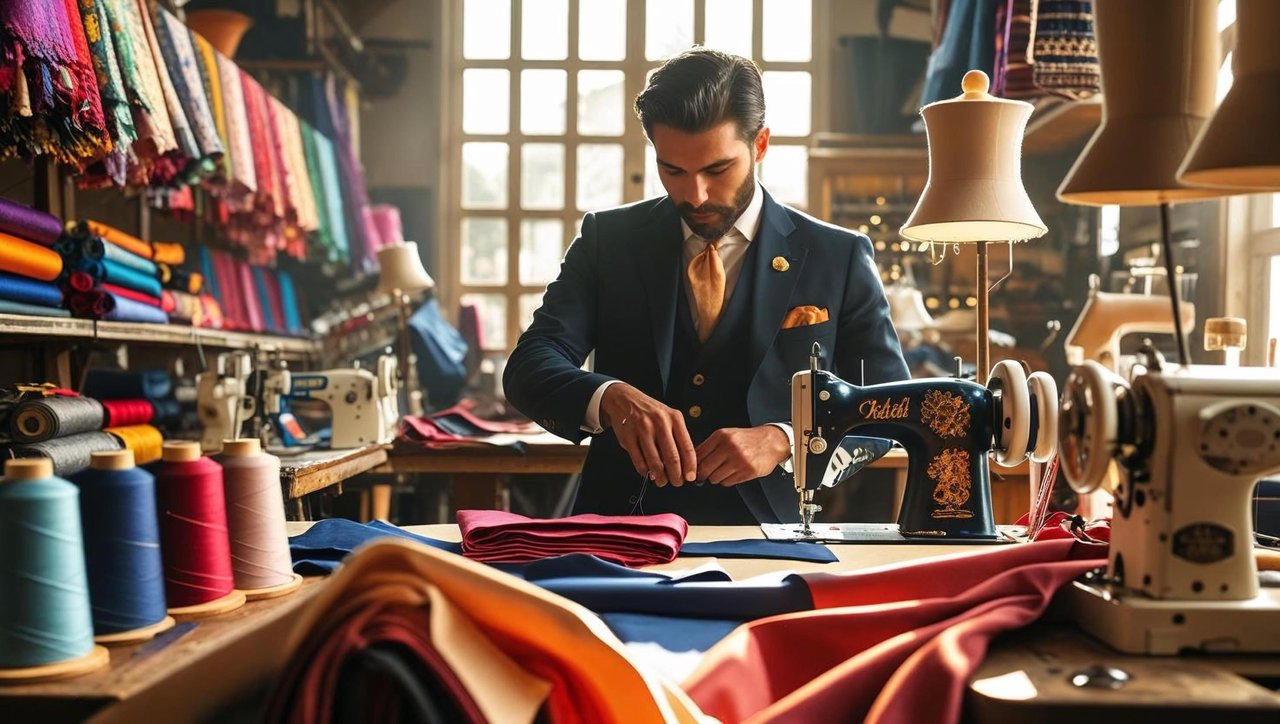 A tailor at work in a small tailoring shop with fabrics