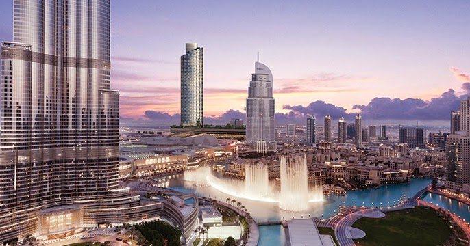 Dubai Fountain performing at dusk as seen from an Address hotel viewpoint