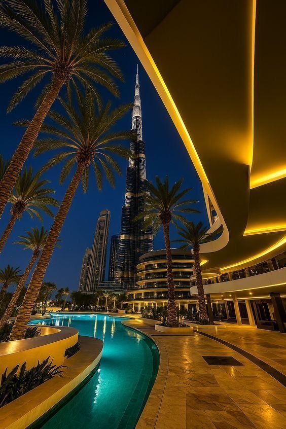 Hotel pool at night with Burj Khalifa lit up in the background
