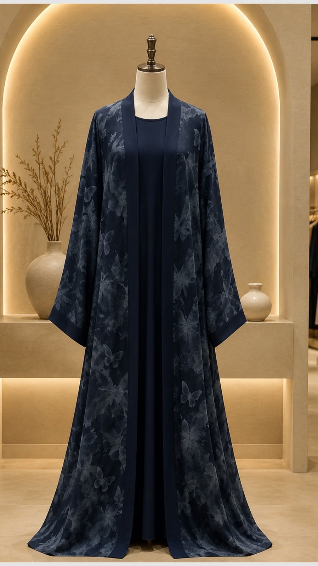 A navy open abaya with a floral pattern displayed on a mannequin in a boutique