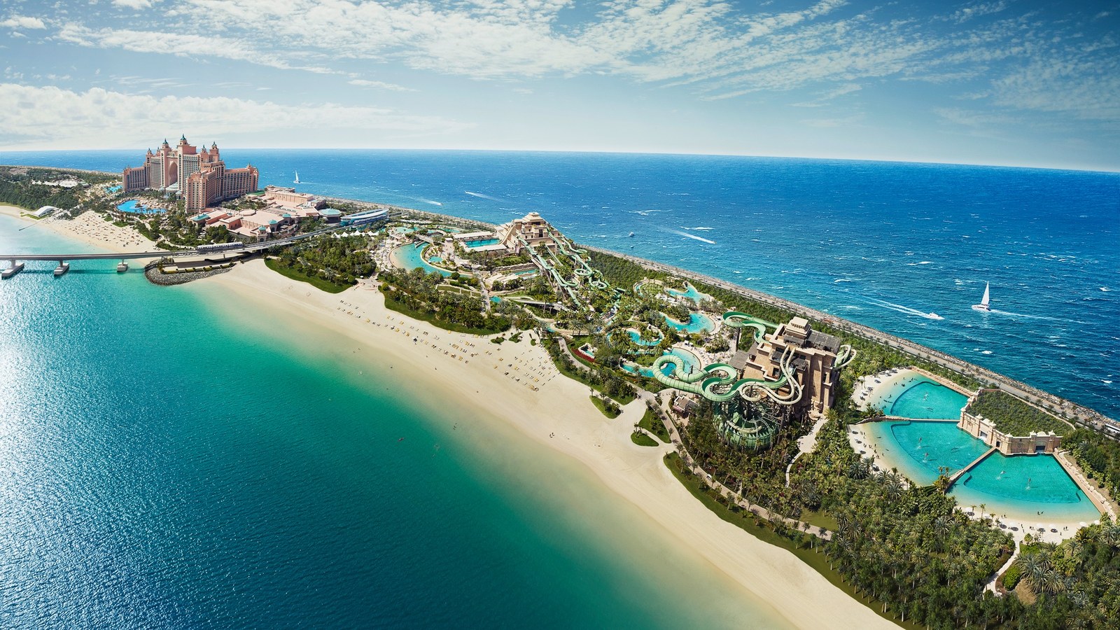 Aerial view of Atlantis The Palm resort with its pools and the Palm Jumeirah fronds