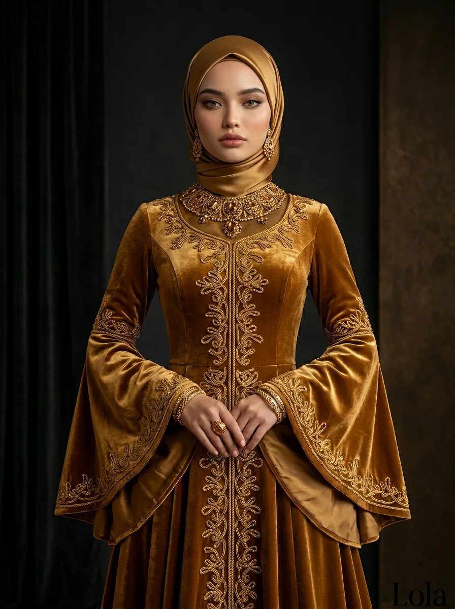 Evening modest fashion with gold tones styled for a Ramadan night out