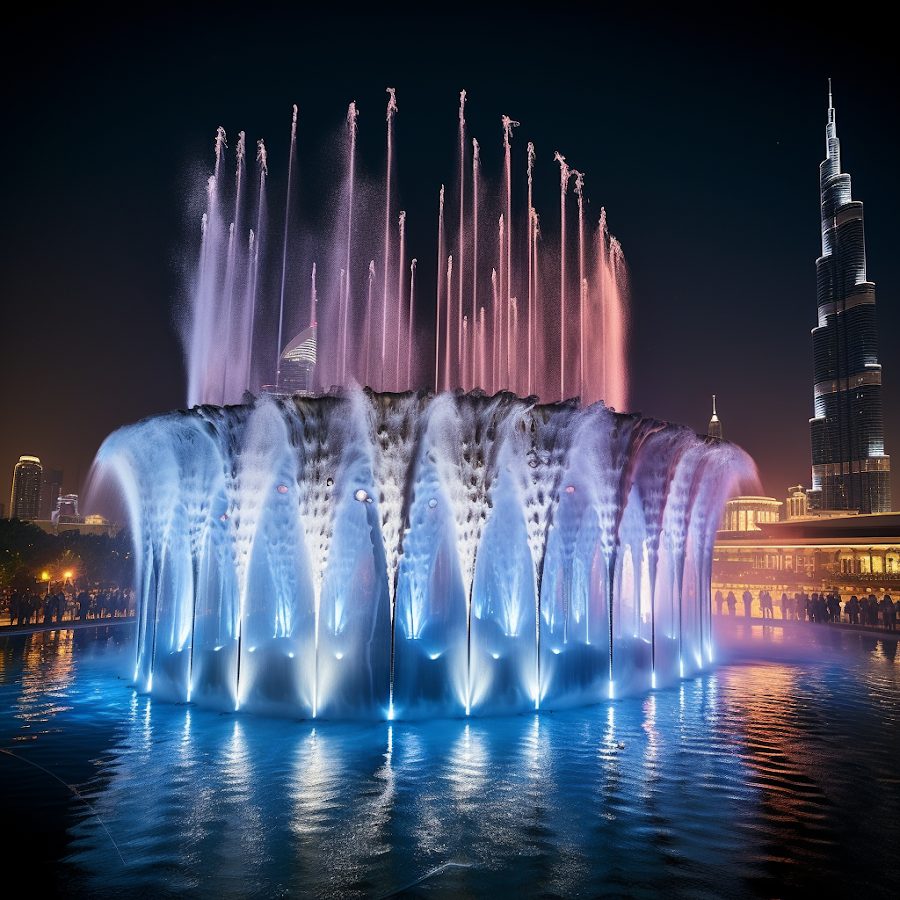 Dubai Fountain show at night with Burj Khalifa, an easy stopover trip from DXB