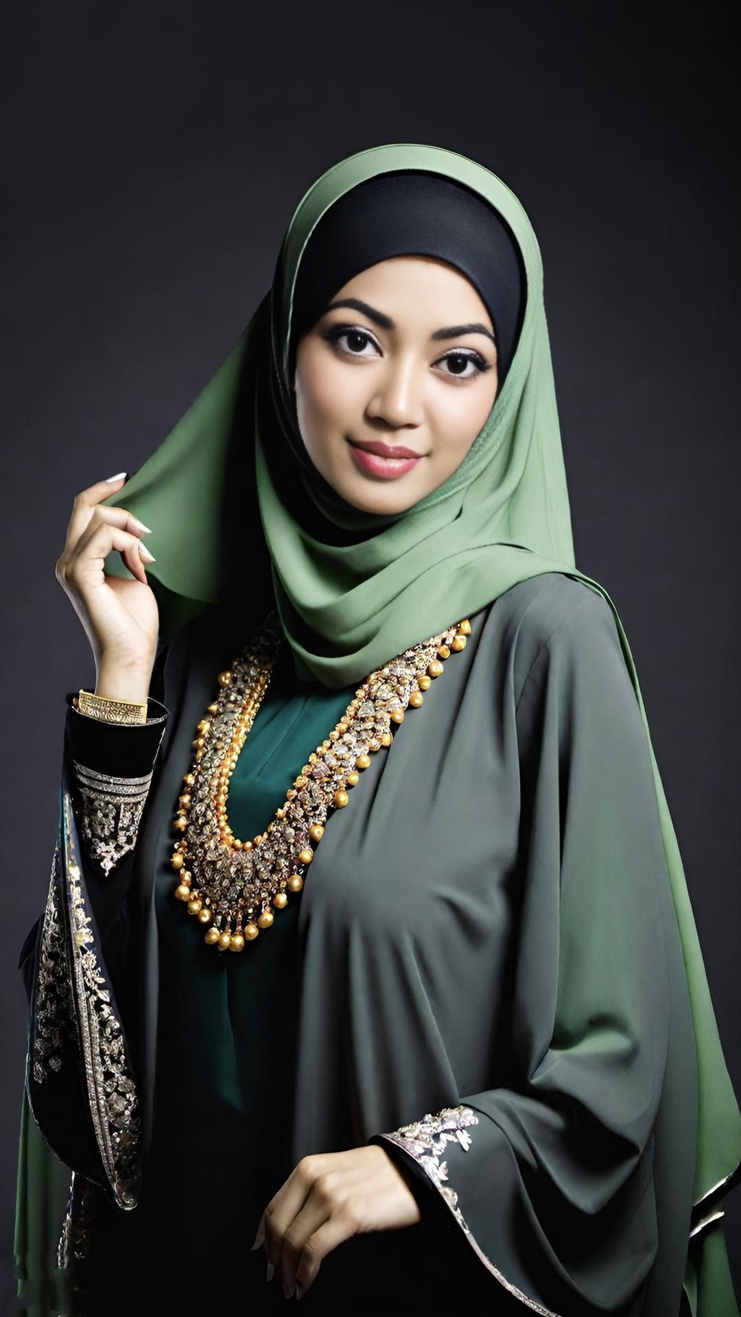 Woman in a green hijab wearing an embellished abaya