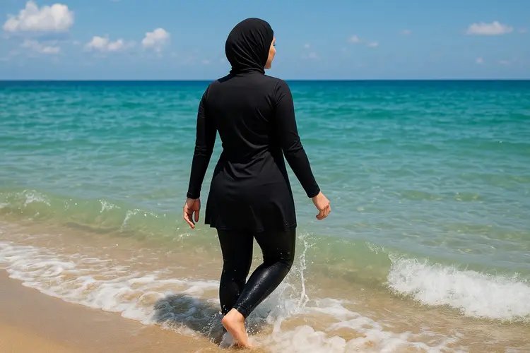 Woman in a burkini enjoying the sea at a tropical beach