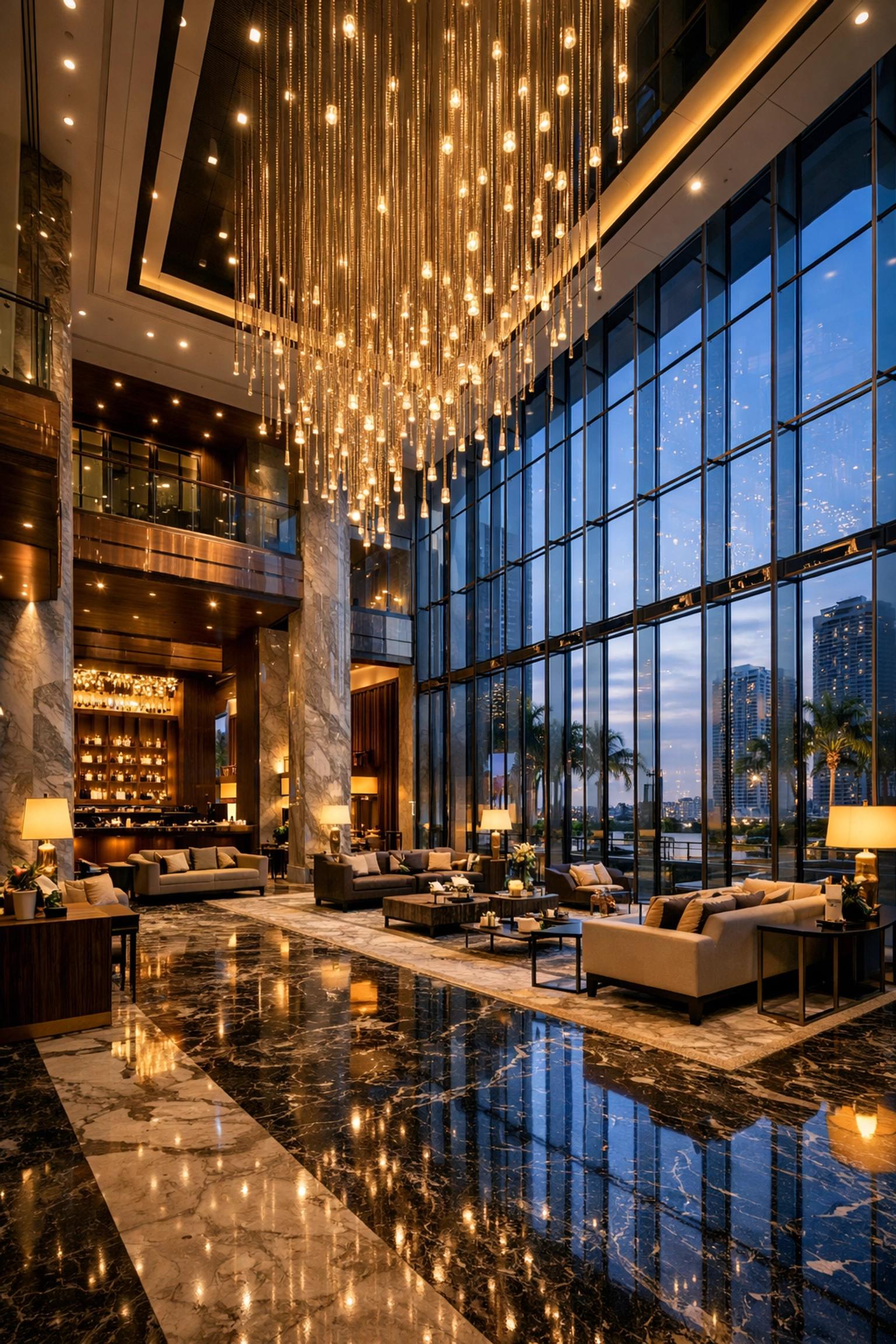 Grand luxury hotel lobby in Dubai with marble floors and a cascading chandelier
