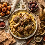 Traditional Emirati food spread with machboos rice, luqaimat dumplings, dates and Arabic coffee