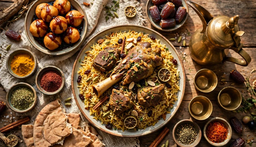 Traditional Emirati food spread with machboos rice, luqaimat dumplings, dates and Arabic coffee