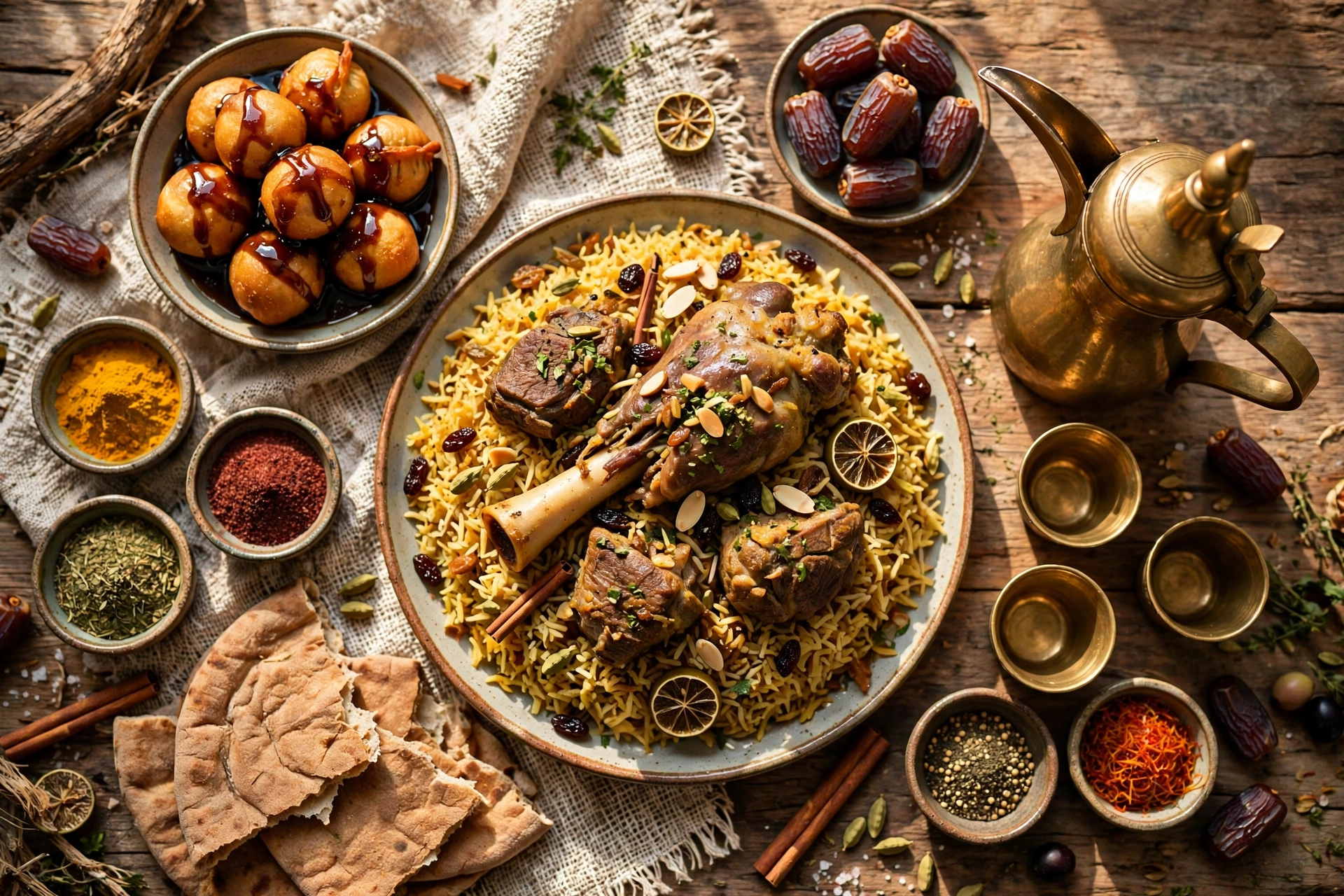 Traditional Emirati food spread with machboos rice, luqaimat dumplings, dates and Arabic coffee