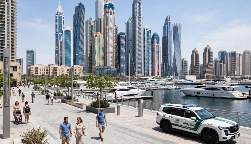 Tourists walking along the Dubai Marina promenade with a Dubai Police patrol car nearby