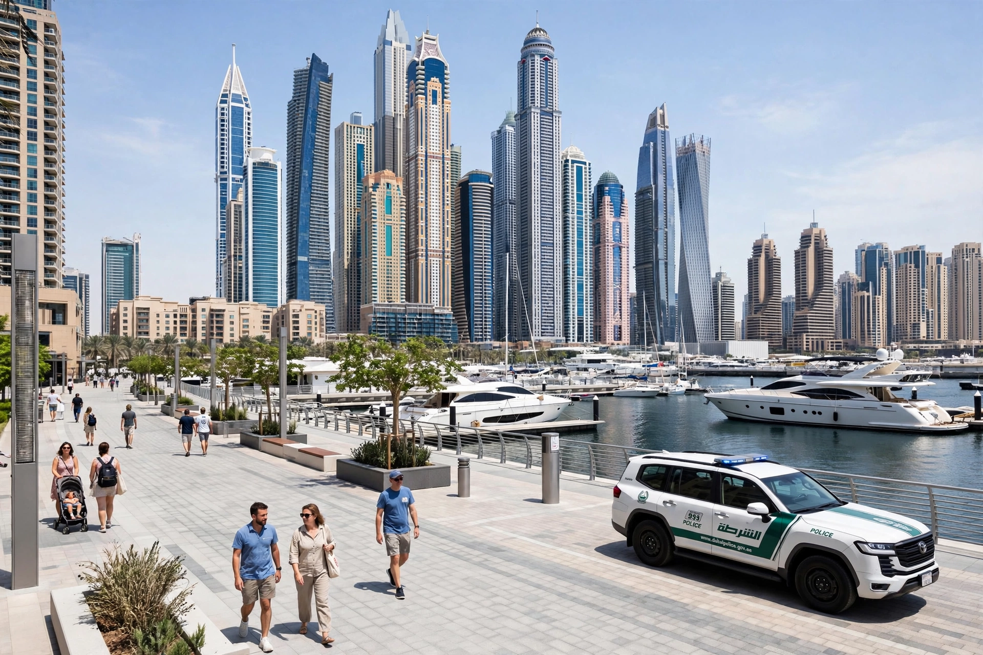 Tourists walking along the Dubai Marina promenade with a Dubai Police patrol car nearby