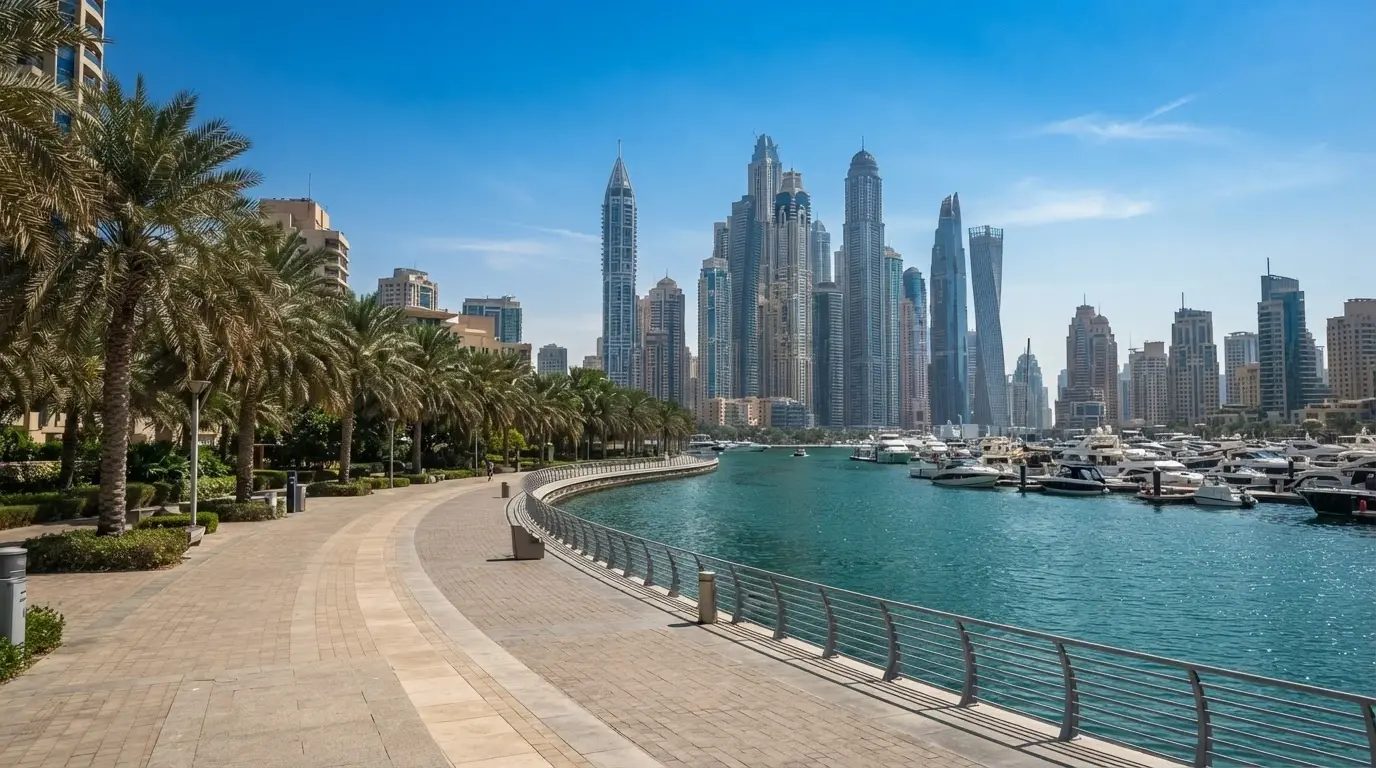 Dubai Marina promenade with restaurants and yachts in the daytime