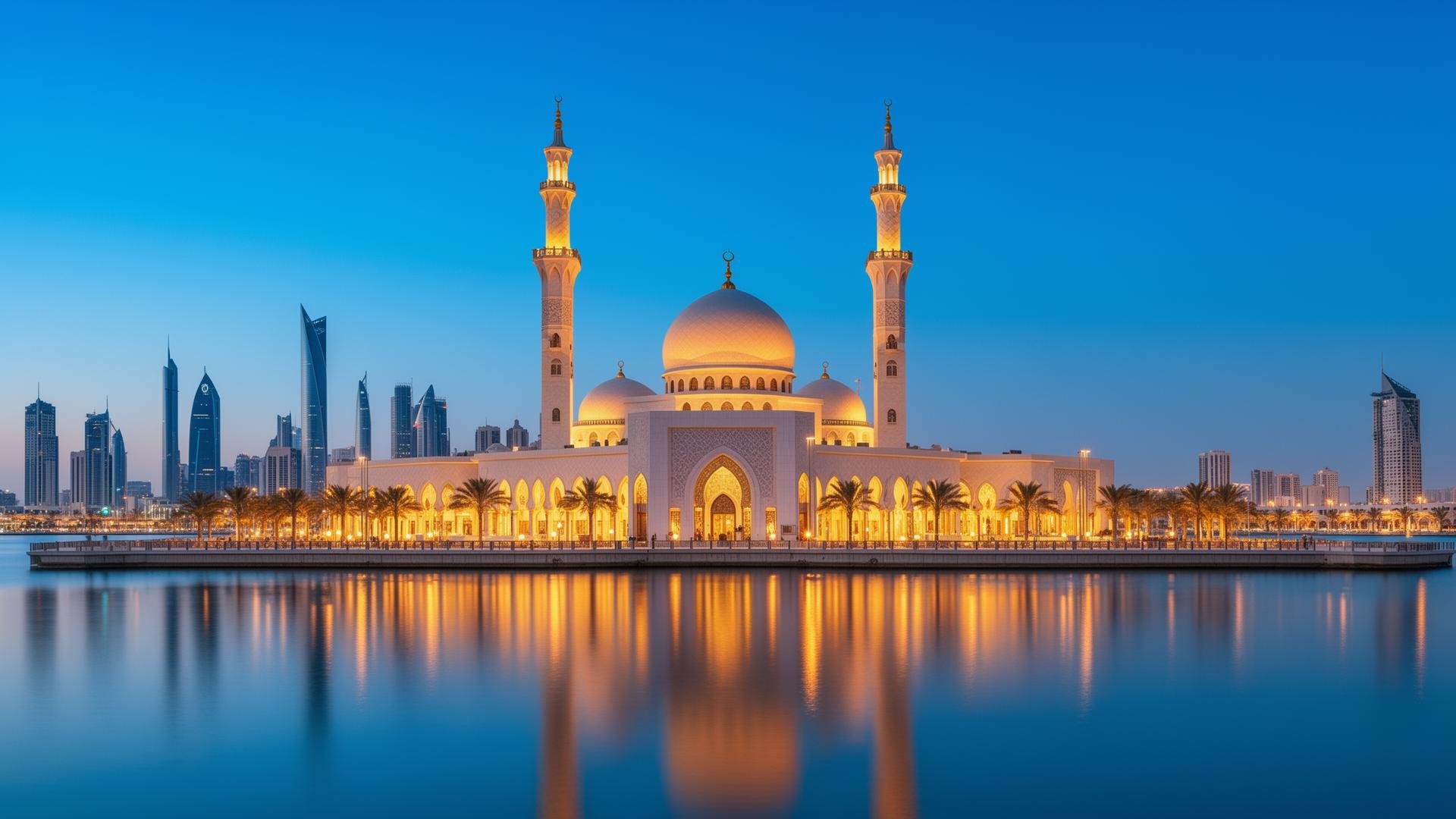 A mosque on the Sharjah waterfront lit up at dusk with the city skyline behind