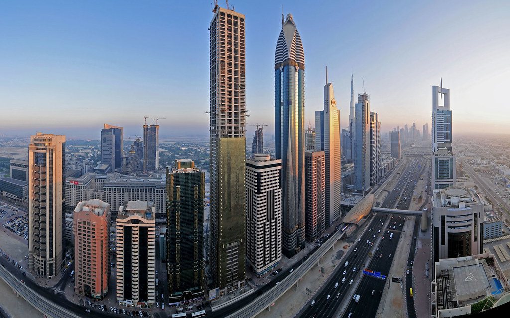 Dubai skyline along Sheikh Zayed Road on a clear day