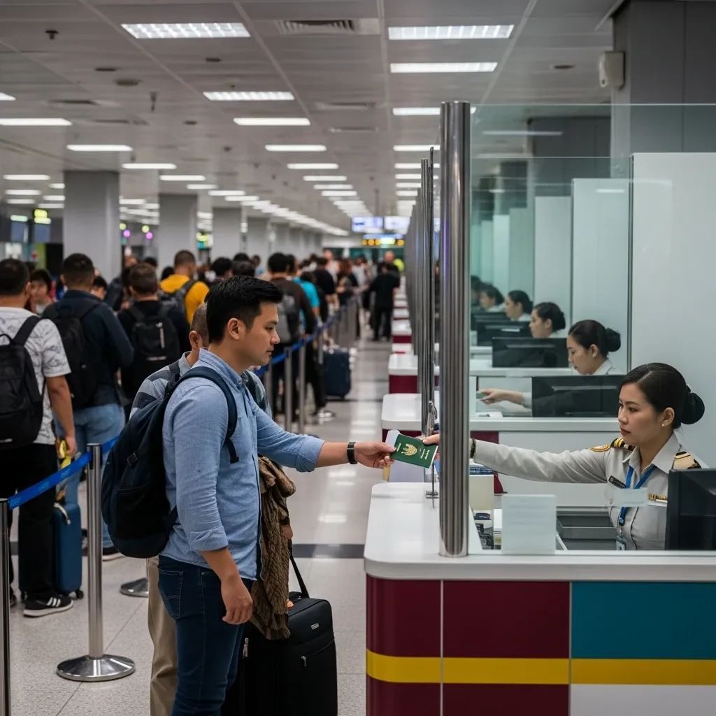 A traveller handing their passport to an officer at an immigration checkpoint