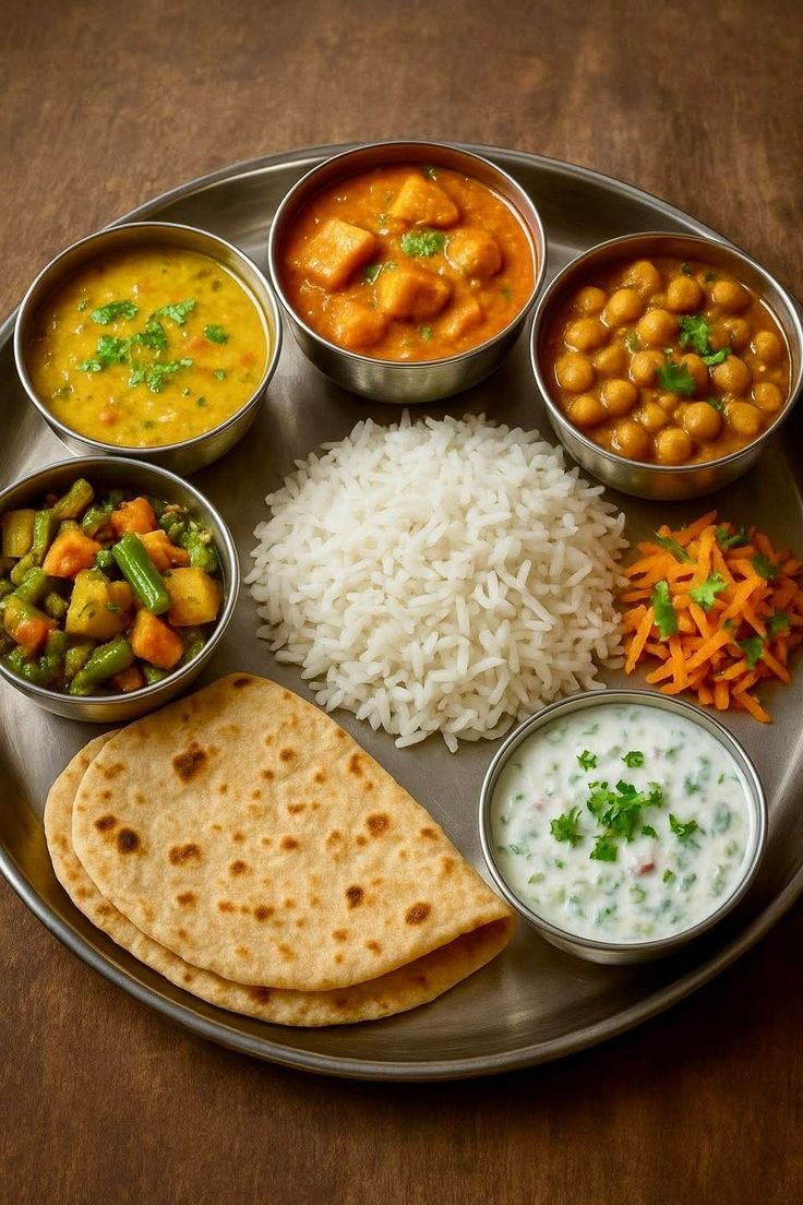 An Indian thali platter with curries, rice, bread and sides
