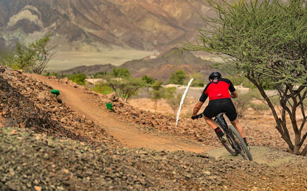 Mountain biker riding a trail at Hatta Wadi Hub in Hatta