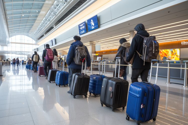 Passengers with luggage queueing at an airport departure hall