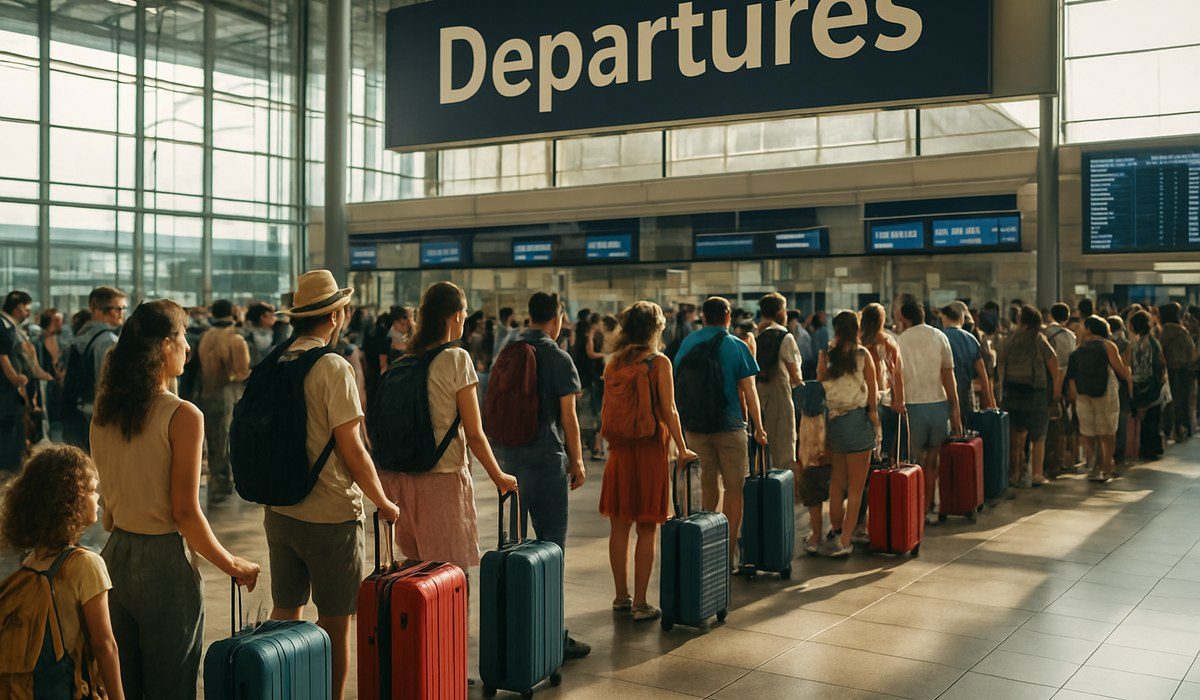 Passengers inside a busy airport terminal during check-in