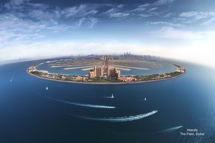 Atlantis The Palm resort on Palm Jumeirah surrounded by the sea