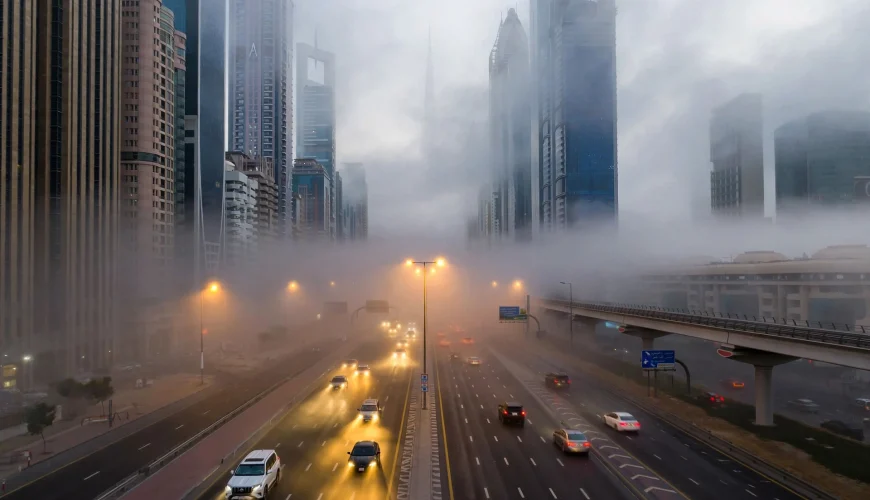 Dense fog over Sheikh Zayed Road in Dubai during UAE weather alert September 2026