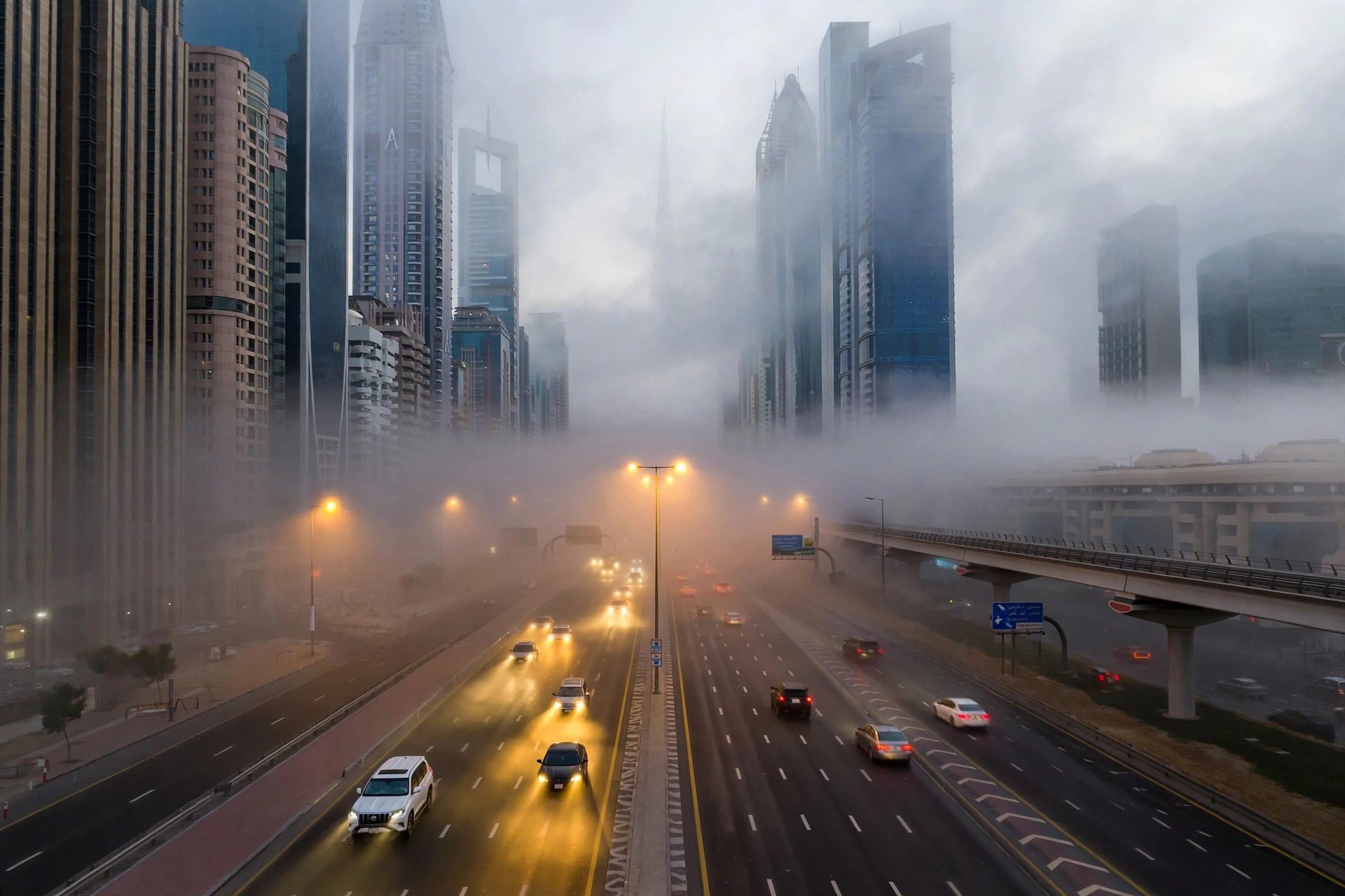 Dense fog over Sheikh Zayed Road in Dubai during UAE weather alert September 2026