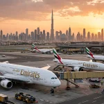 Passenger airplanes at Dubai International Airport at sunset amid UAE suspension of Iranian airline flights