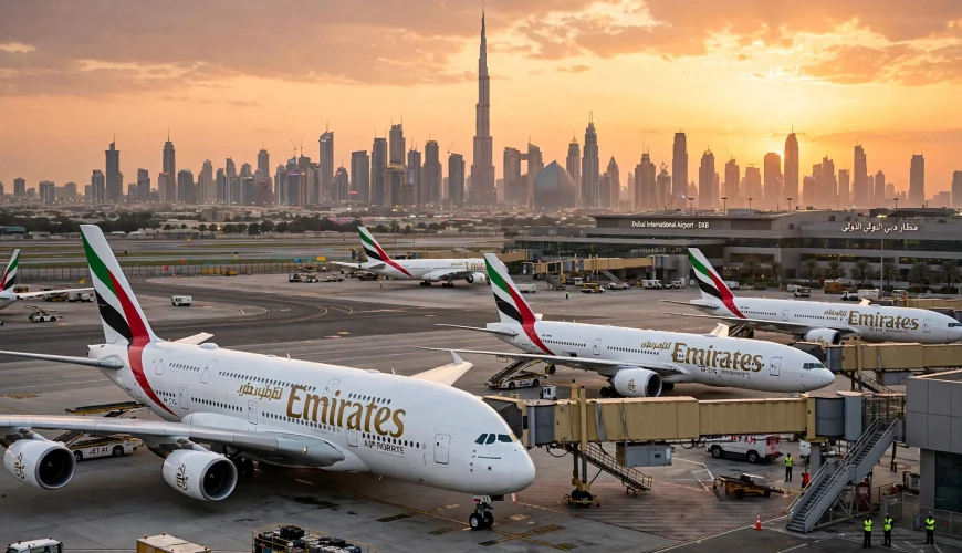 Passenger airplanes at Dubai International Airport at sunset amid UAE suspension of Iranian airline flights