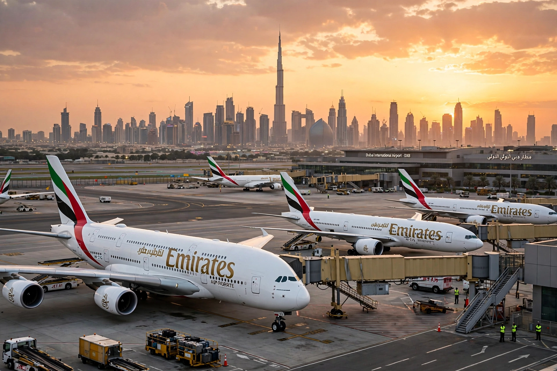 Passenger airplanes at Dubai International Airport at sunset amid UAE suspension of Iranian airline flights