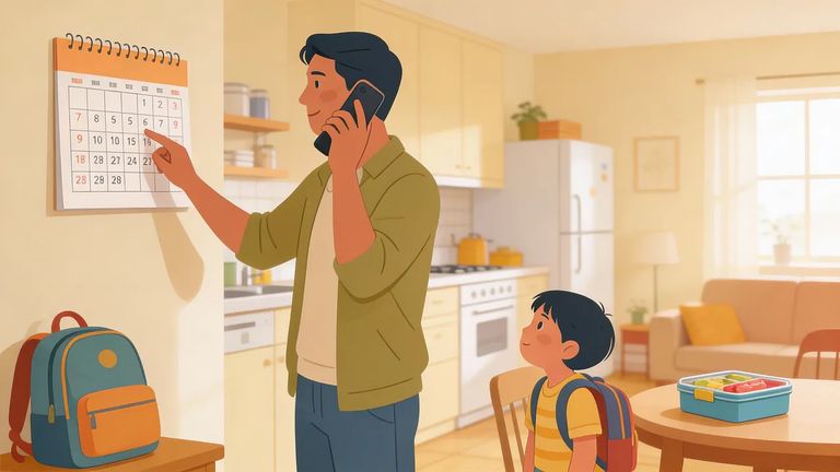 Parent checking a school calendar on a phone at home