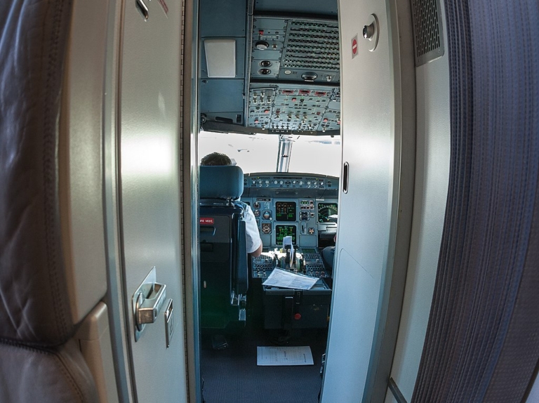 Aircraft cockpit door and flight deck entrance view