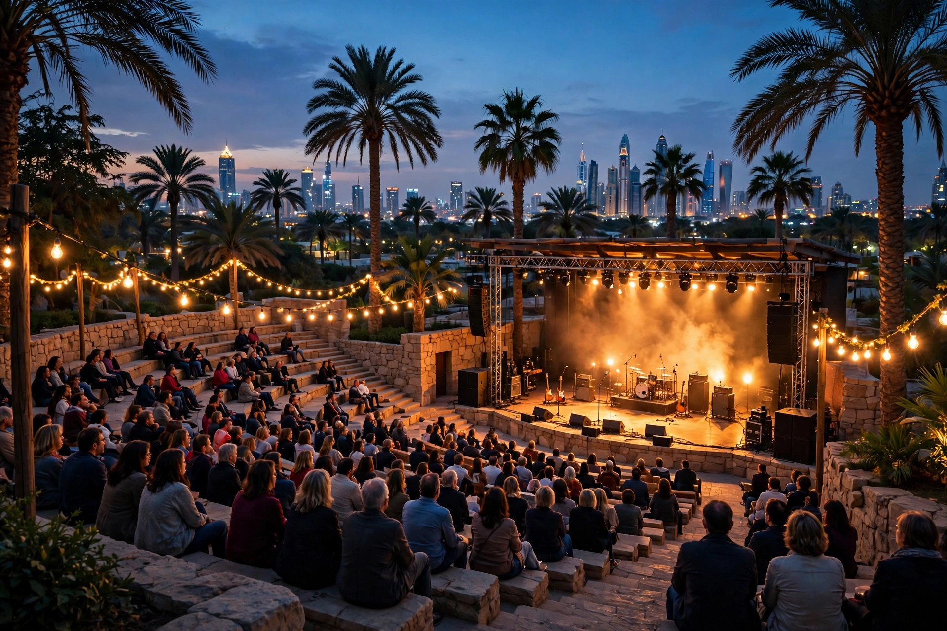 Crowd watching an open-air concert at dusk in Dubai's Expo City