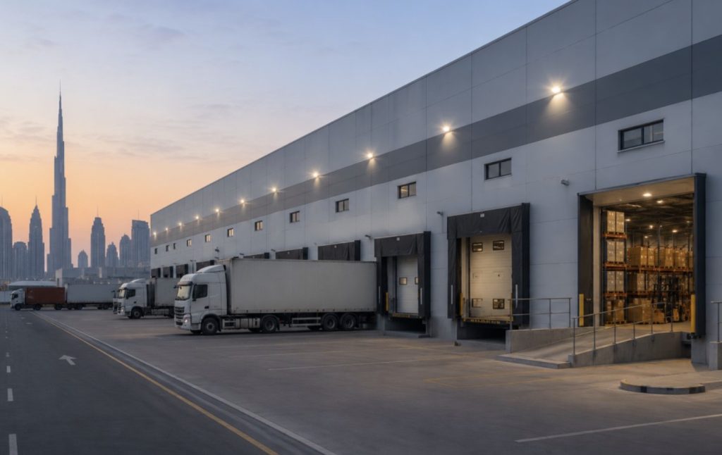 Trucks loading freight at a logistics warehouse in Dubai