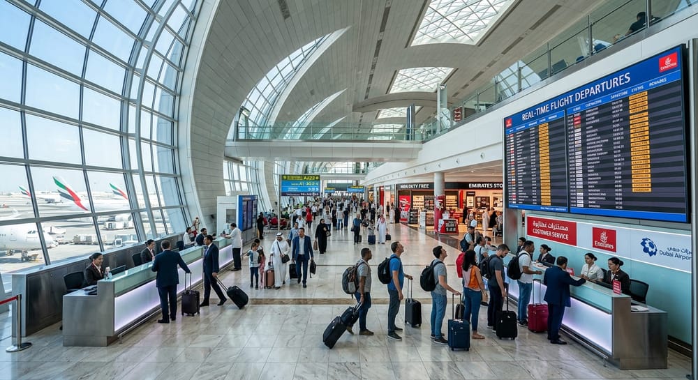 Passengers checking in at a UAE airport terminal