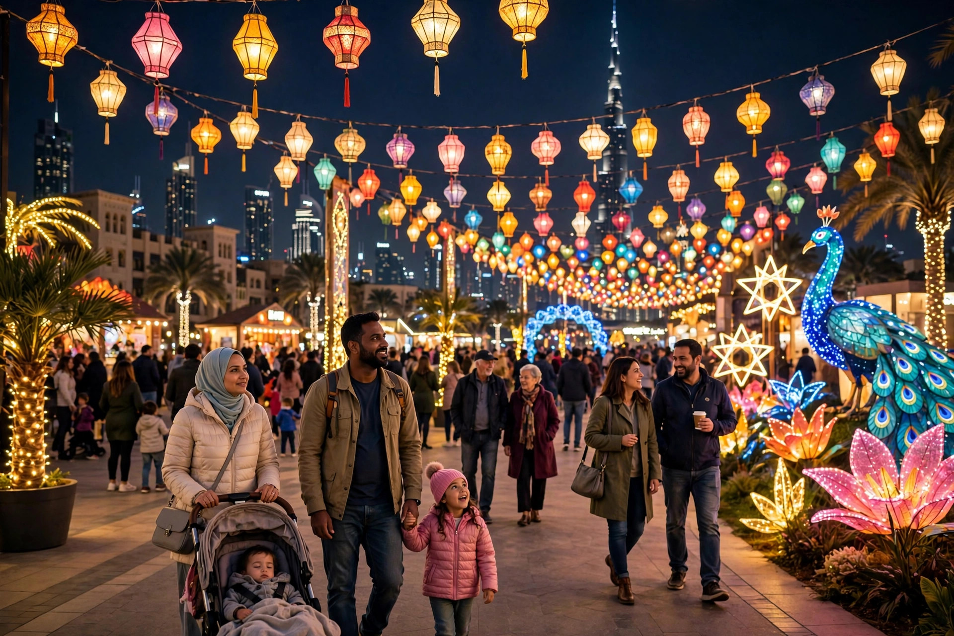 Visitors enjoying a brightly lit outdoor festival attraction in Dubai at night
