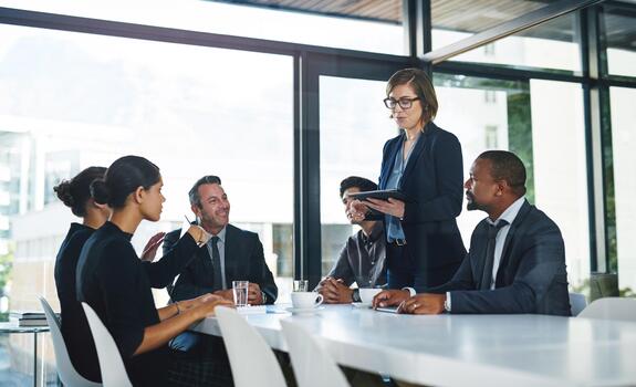 Finance professionals meeting in a modern office
