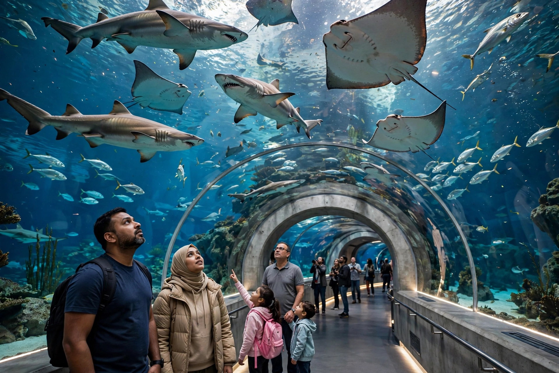 Visitors watching sharks and rays swim overhead in a large aquarium tunnel