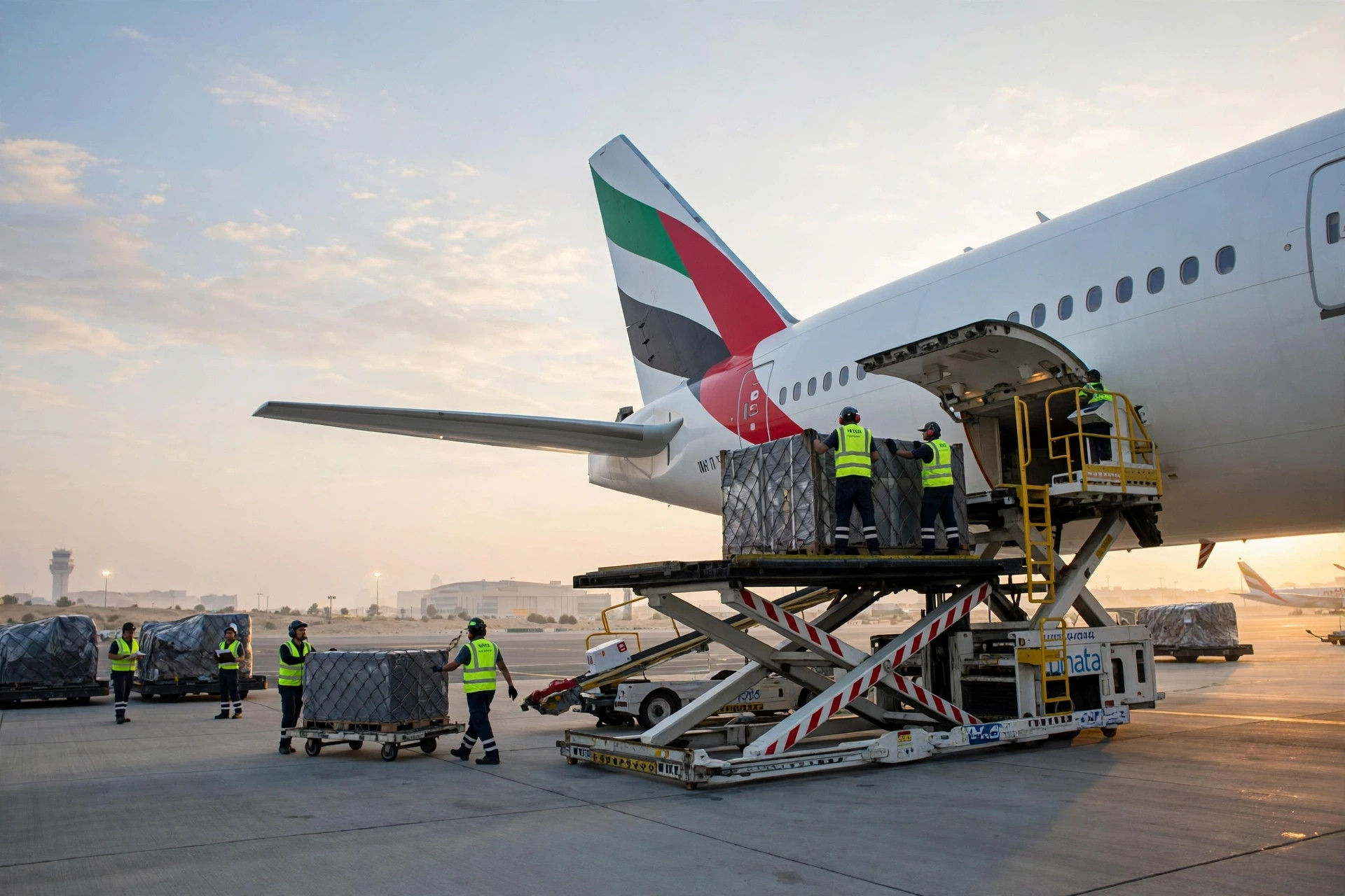 Cargo containers being loaded into a freighter aircraft at Al Maktoum International Airport in Dubai at dawn