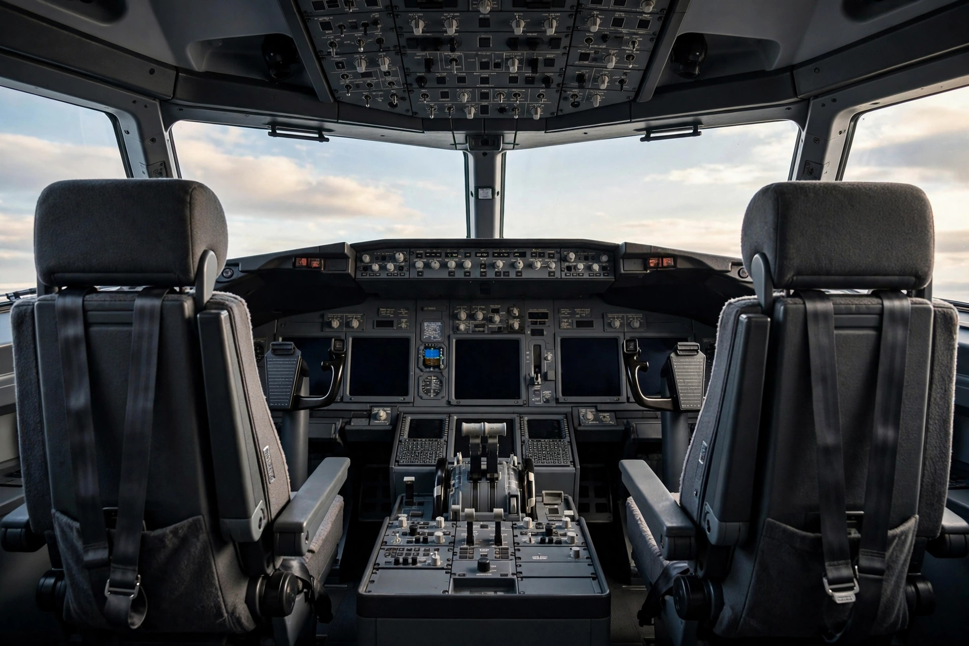 View of an empty airplane cockpit with two pilot seats and flight instruments