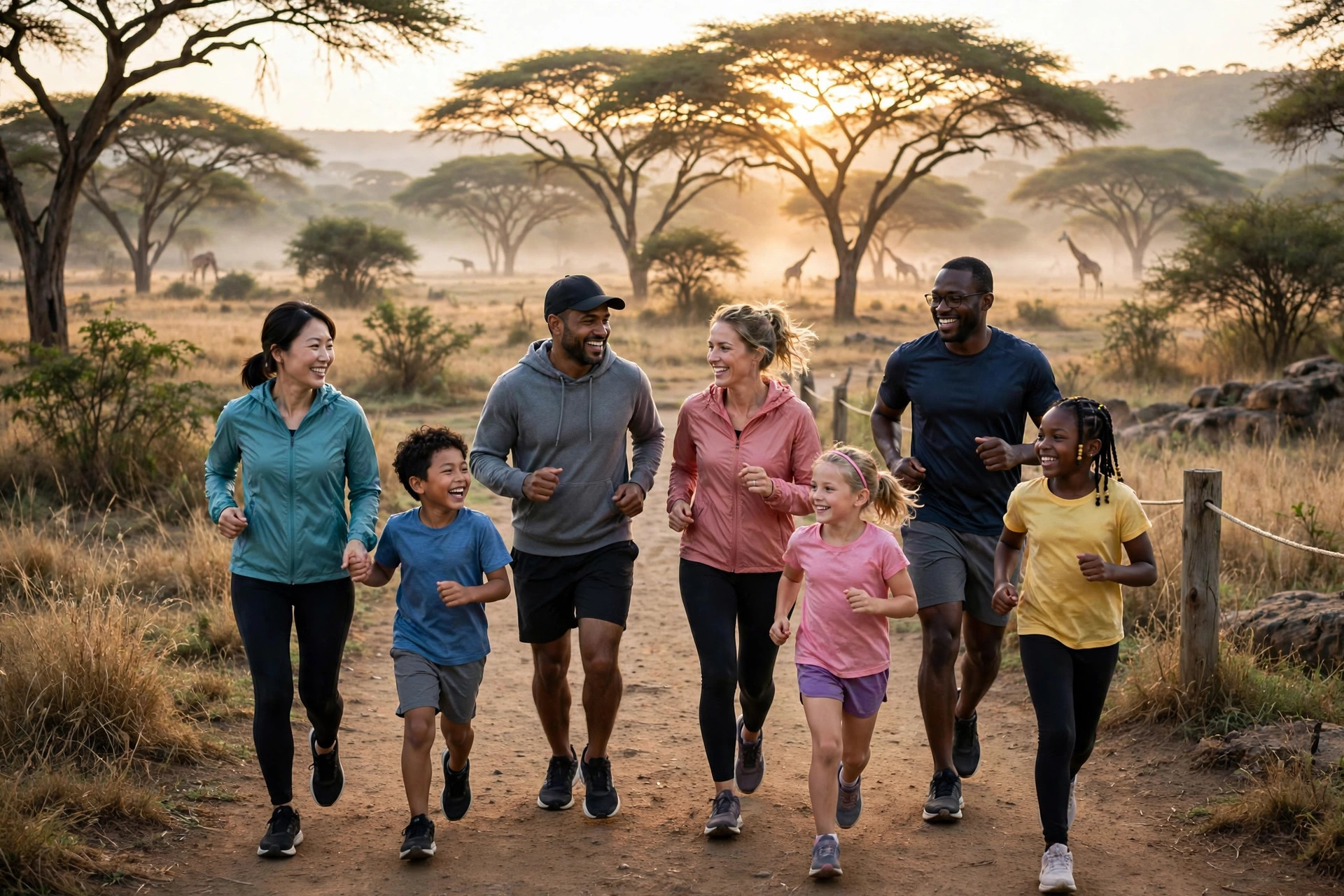 Families and children taking part in a fun run through a savannah-style wildlife park at sunrise