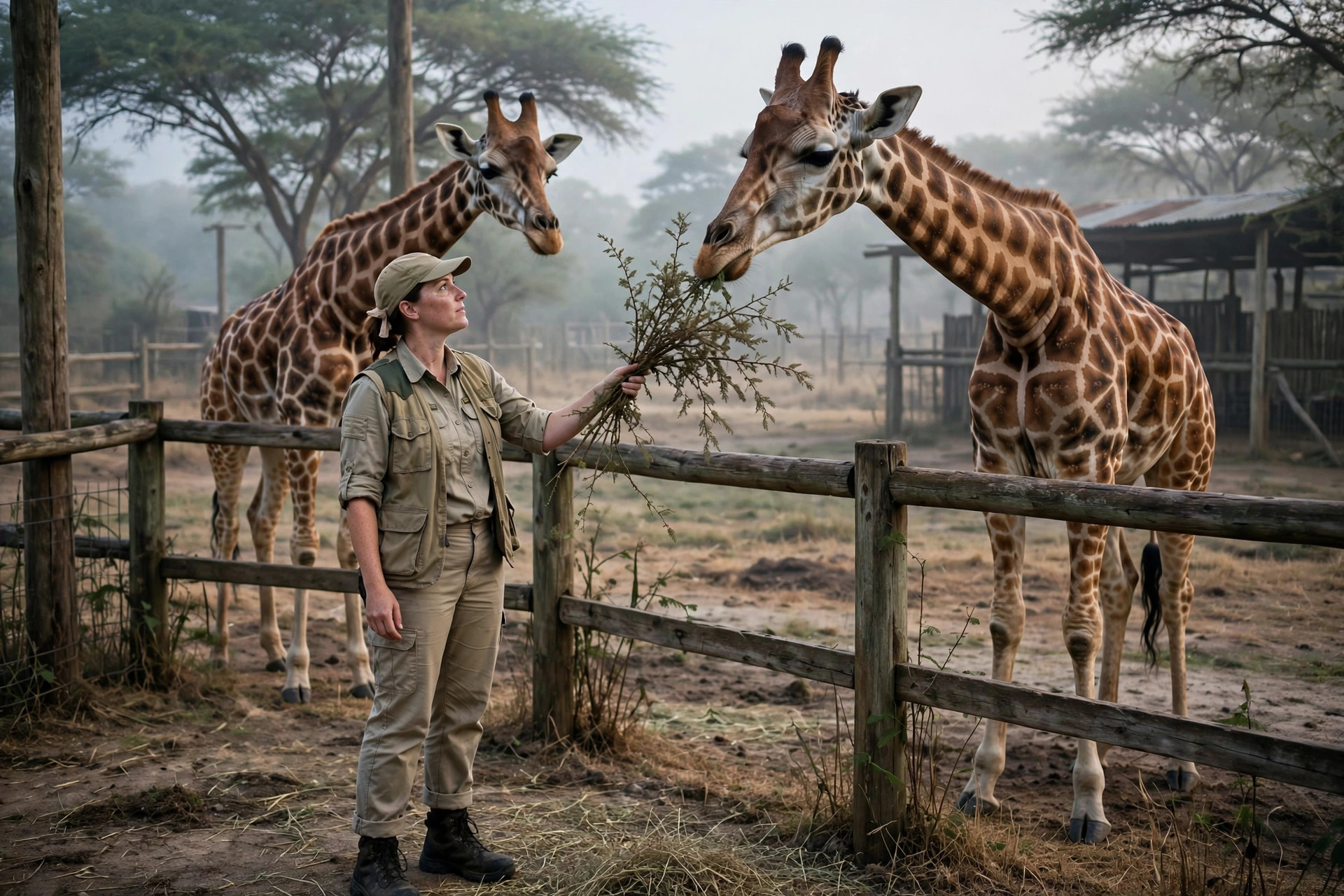 Zookeeper feeding giraffes during a behind-the-scenes animal care tour at Sharjah Safari