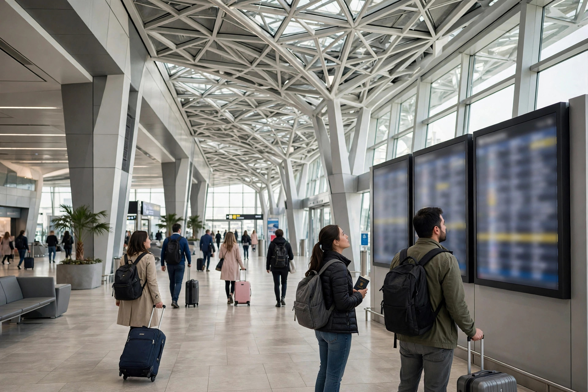 Travellers checking flight information boards inside a Dubai airport terminal