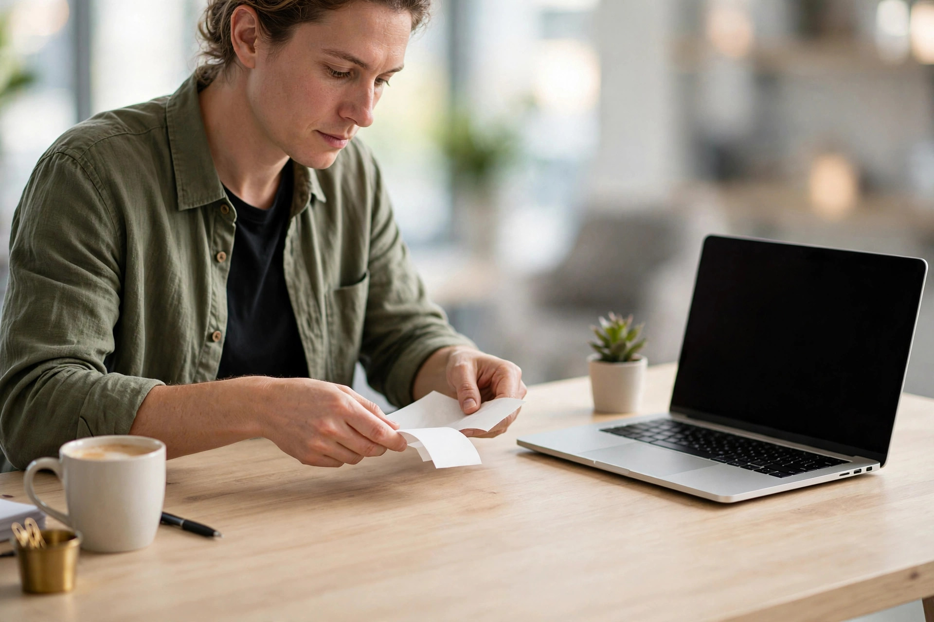Business paperwork and receipts organized on a desk next to a laptop
