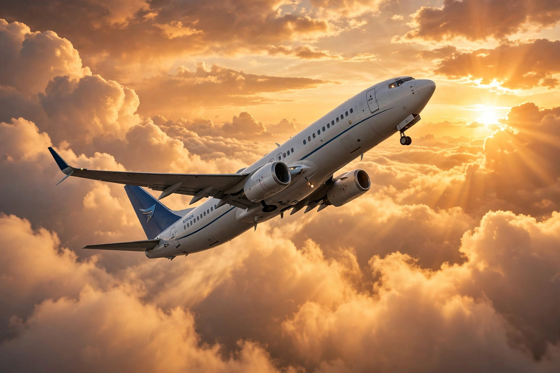 Passenger airliner climbing above golden clouds at sunset