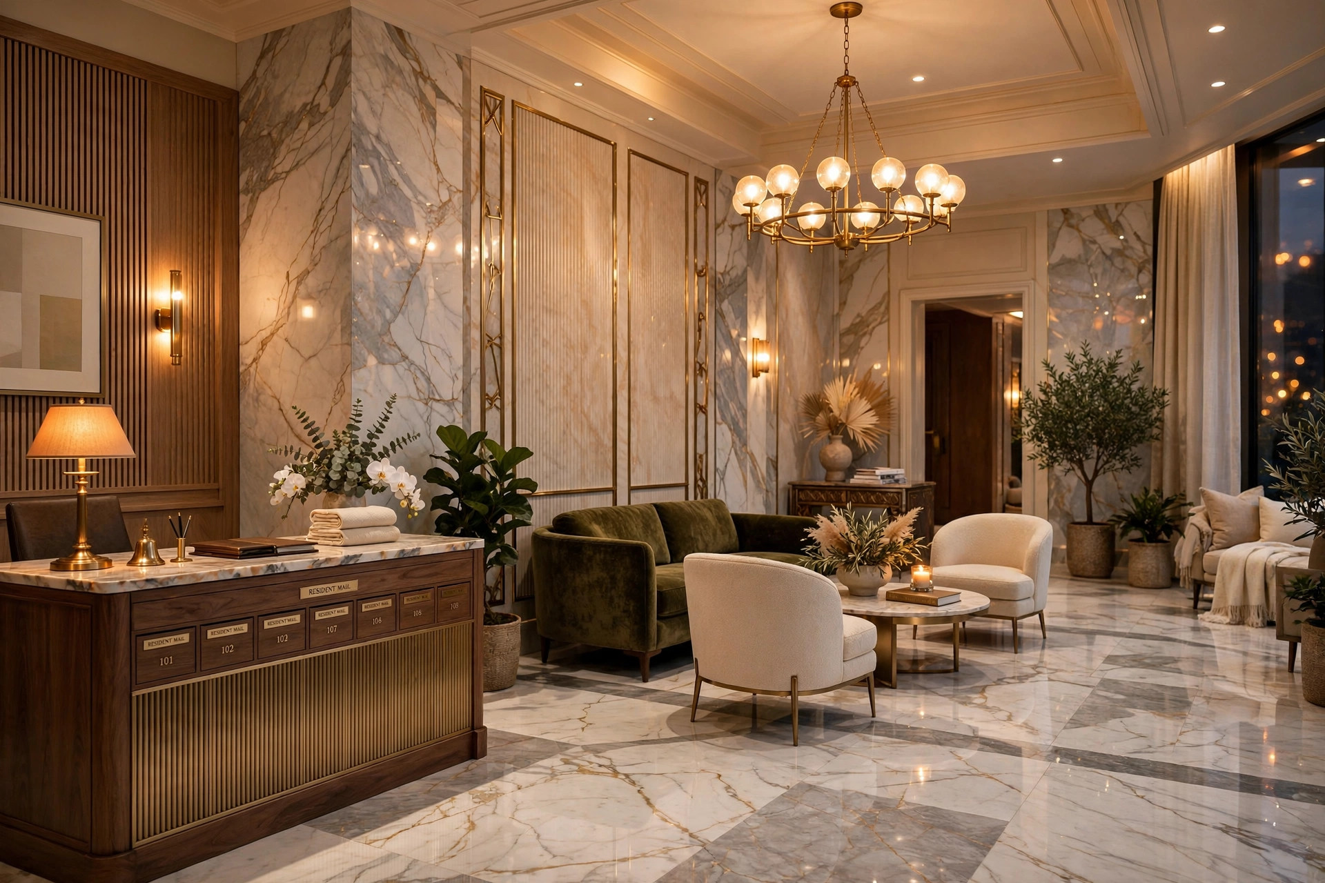 A high-end hotel-style residential lobby with marble finishes and warm lighting