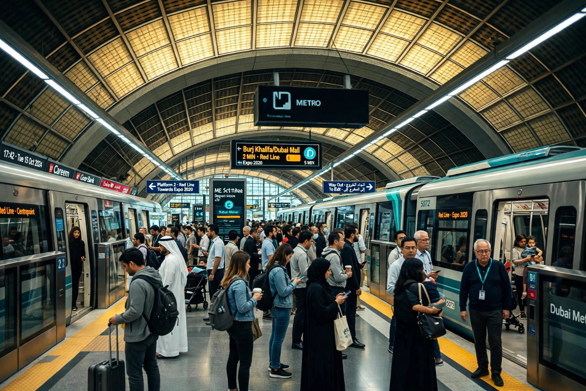 Commuters waiting on a crowded Dubai metro station platform as a train arrives