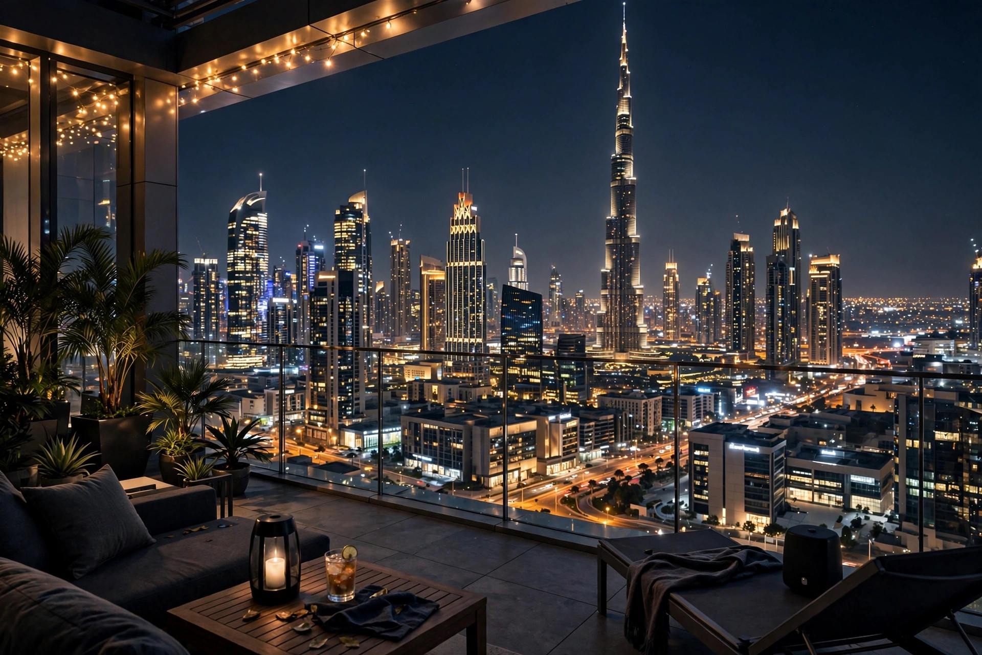 Dubai skyline at night seen from a high-rise terrace, illuminated towers