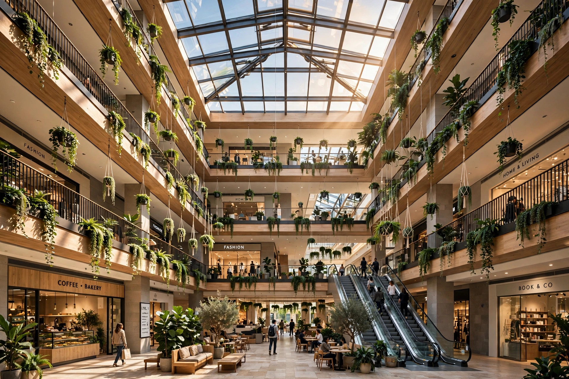 Sunlit mall atrium with a glass skylight, balcony levels and hanging plants