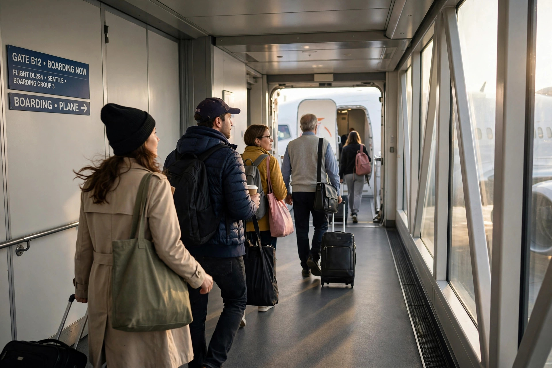 Airline passengers walking through an airport jet bridge to board a plane in soft morning light